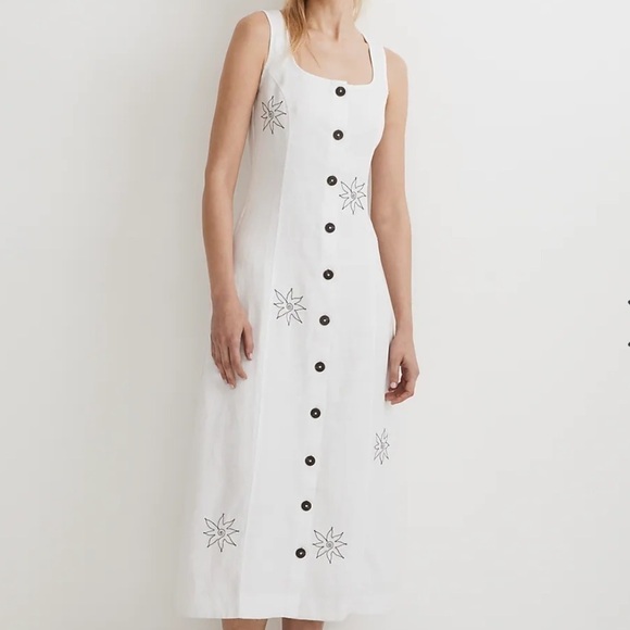 Madewell Linen Button Midi Embroidered Dress in Size 2 White Boho Square Neck - Picture 2 of 12